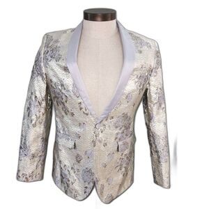 NWT Valiant Paris Blue & Grey Floral Metallic Brocade Blazer – Size M